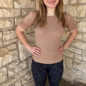 NWT Hyfve Double Zero Ribbed Puff Sleeve Knit Top In Tan